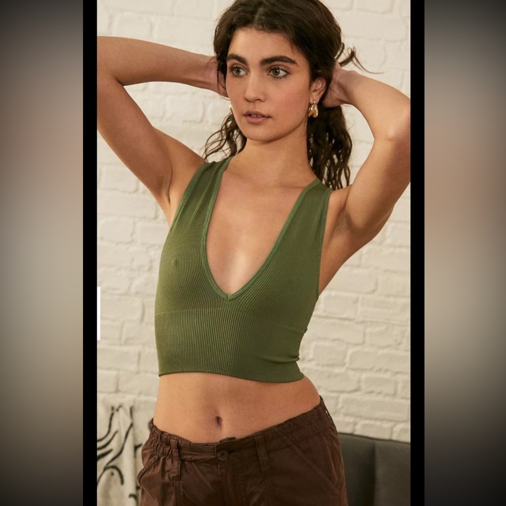 BDG Olive Green Ribbed V-Neck Crop Tank